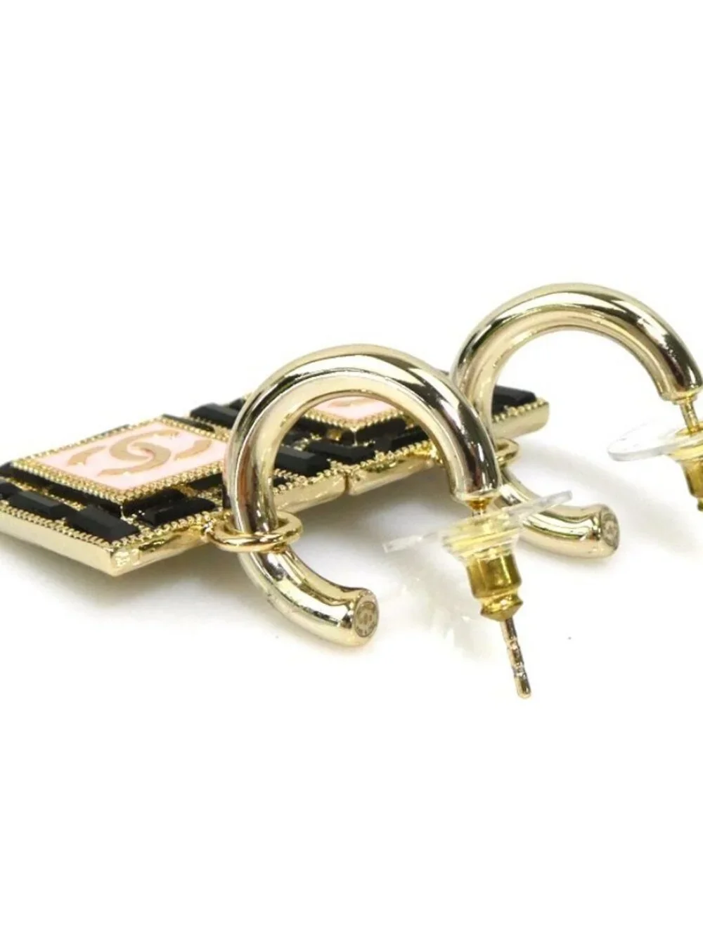 CHANEL CC Logo Pierce Earrings Gold/Black/Pink Metal/Enamel